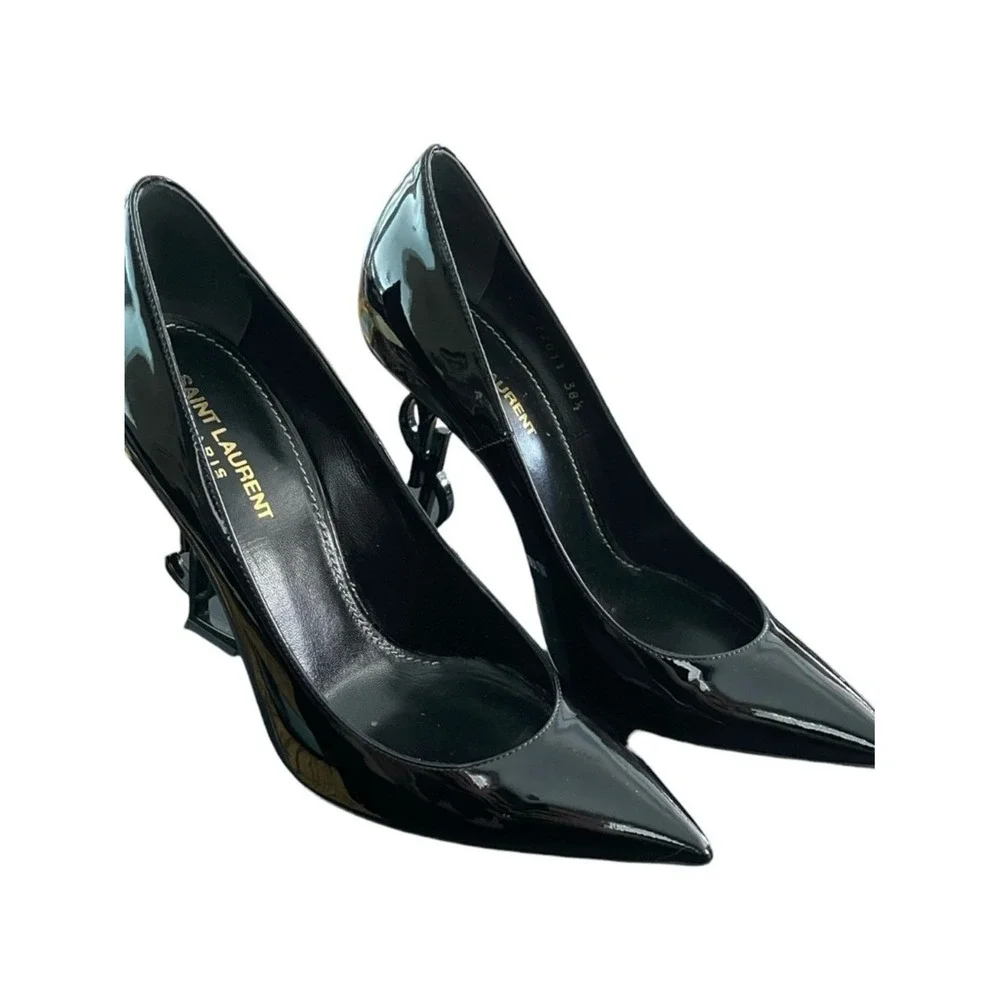 Saint Laurent Women's Black Nero Black Point Toe Vernice‎ Lucido Heels Size 38.5